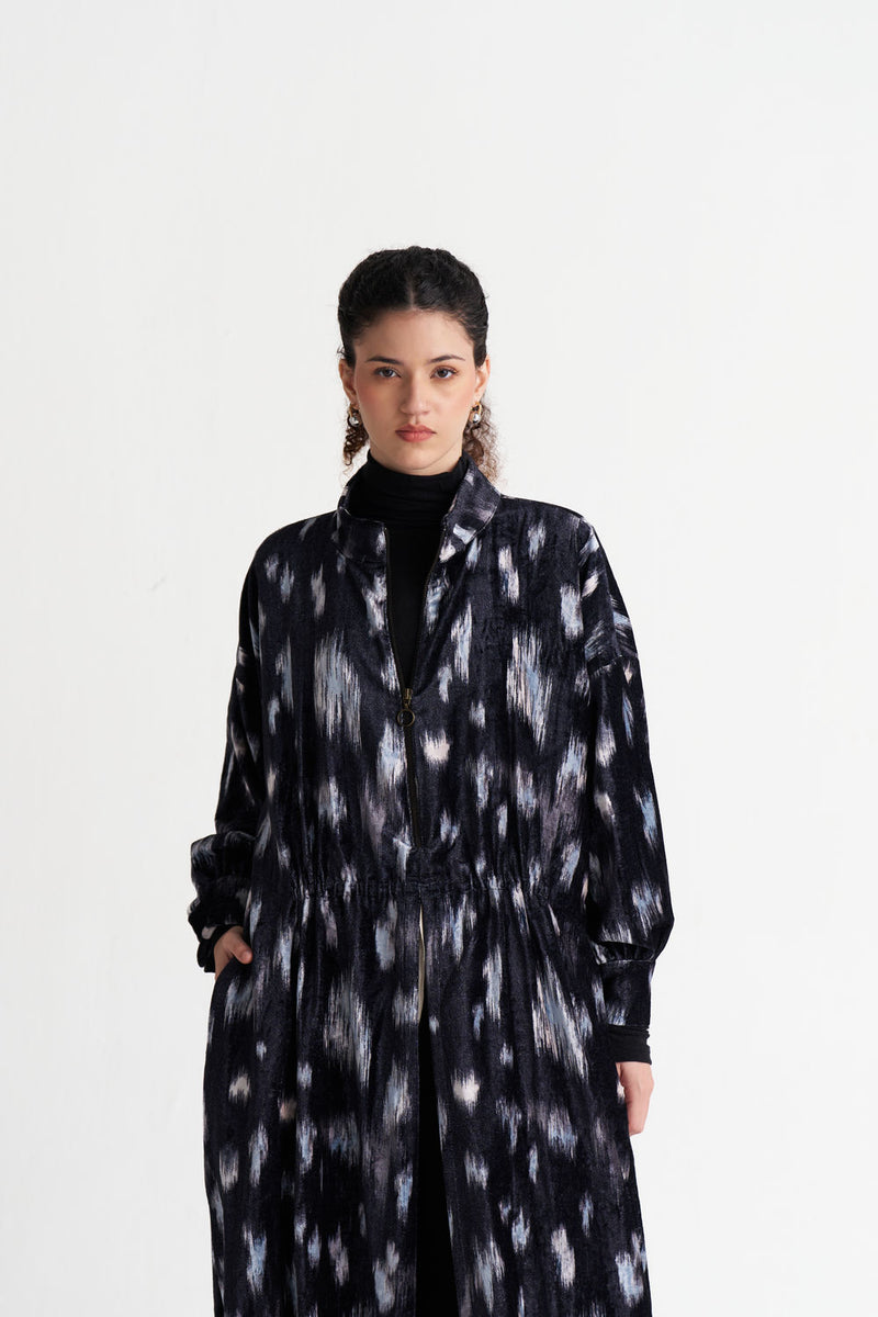 Ikat Print Velvet Drawstring Tunic Co-Ord (Set Of 2)-Black Ikat Print velvet co-ord set by THREE in black for women Worldwide