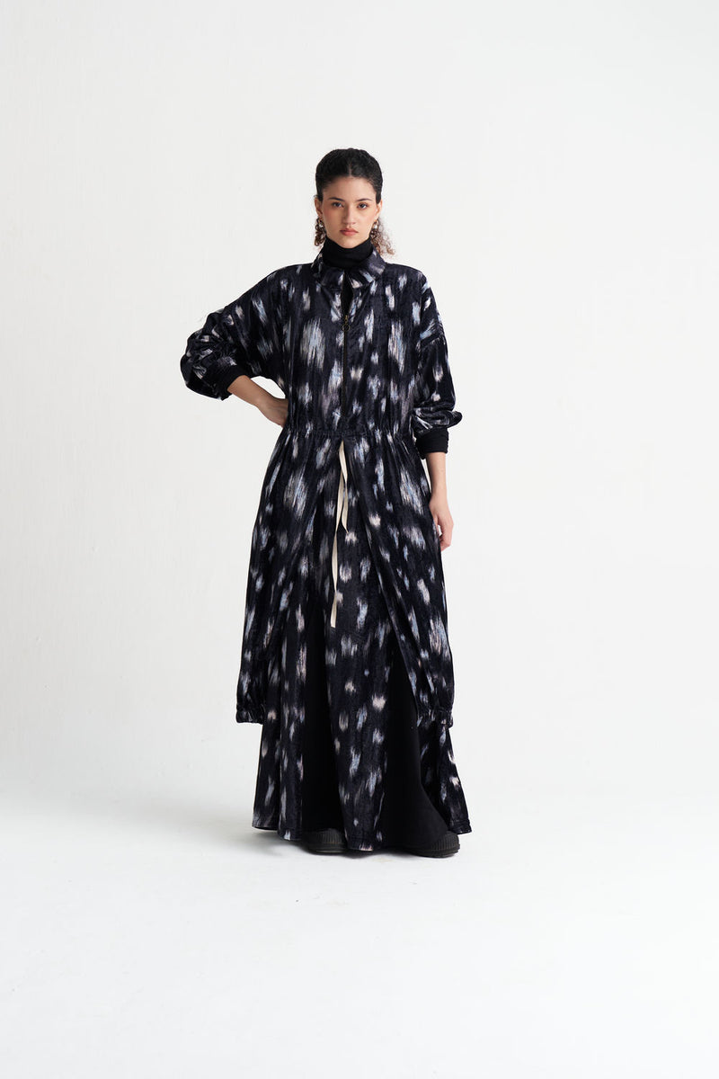 Ikat Print Velvet Circular Skirt Co-Ord (Set Of 2)-Black Ikat Print velvet co-ord set by THREE in black for women Worldwide