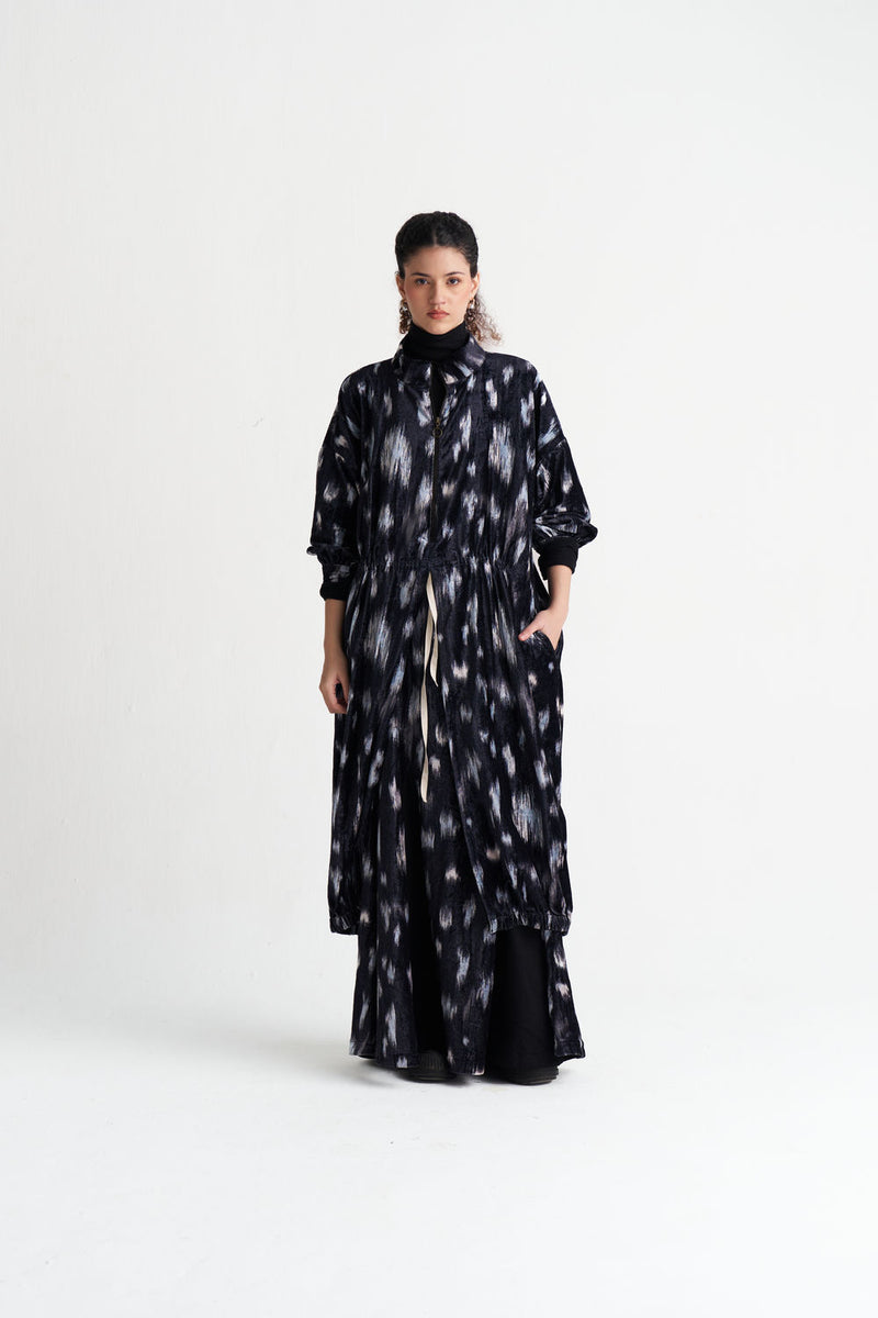 Ikat Print Velvet Circular Skirt Co-Ord (Set Of 2)-Black Ikat Print velvet co-ord set by THREE in black for women Worldwide