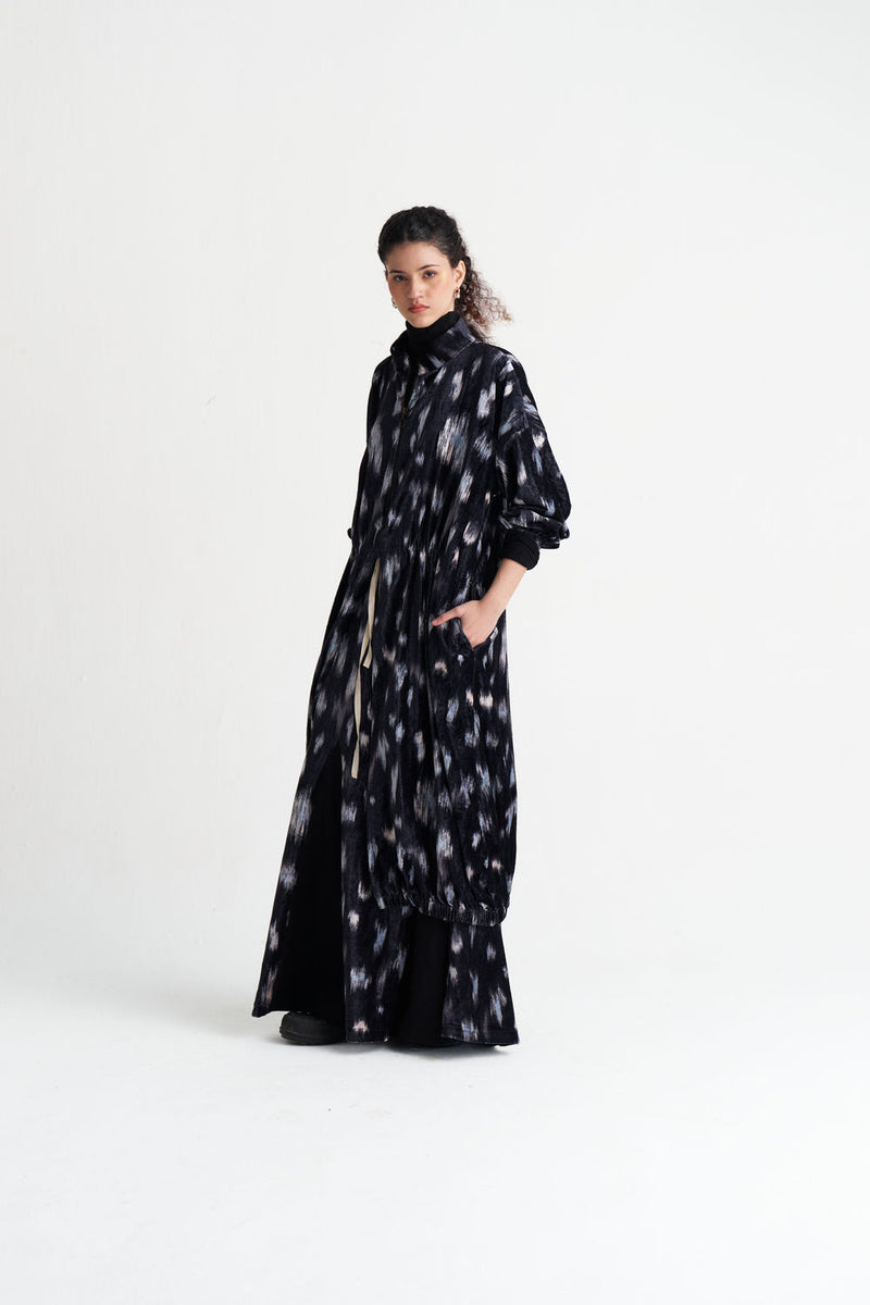 Ikat Print Velvet Drawstring Tunic-Black Ikat Print velvet tunics and kaftans by THREE in black for women Worldwide