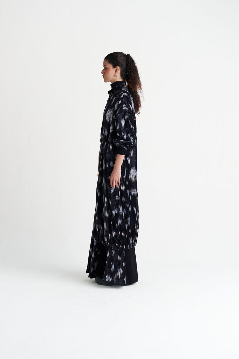 Ikat Print Velvet Circular Skirt Co-Ord (Set Of 2)-Black Ikat Print velvet co-ord set by THREE in black for women Worldwide