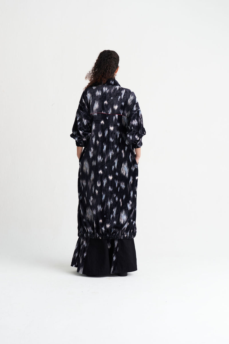Ikat Print Velvet Drawstring Tunic-Black Ikat Print velvet tunics and kaftans by THREE in black for women Worldwide