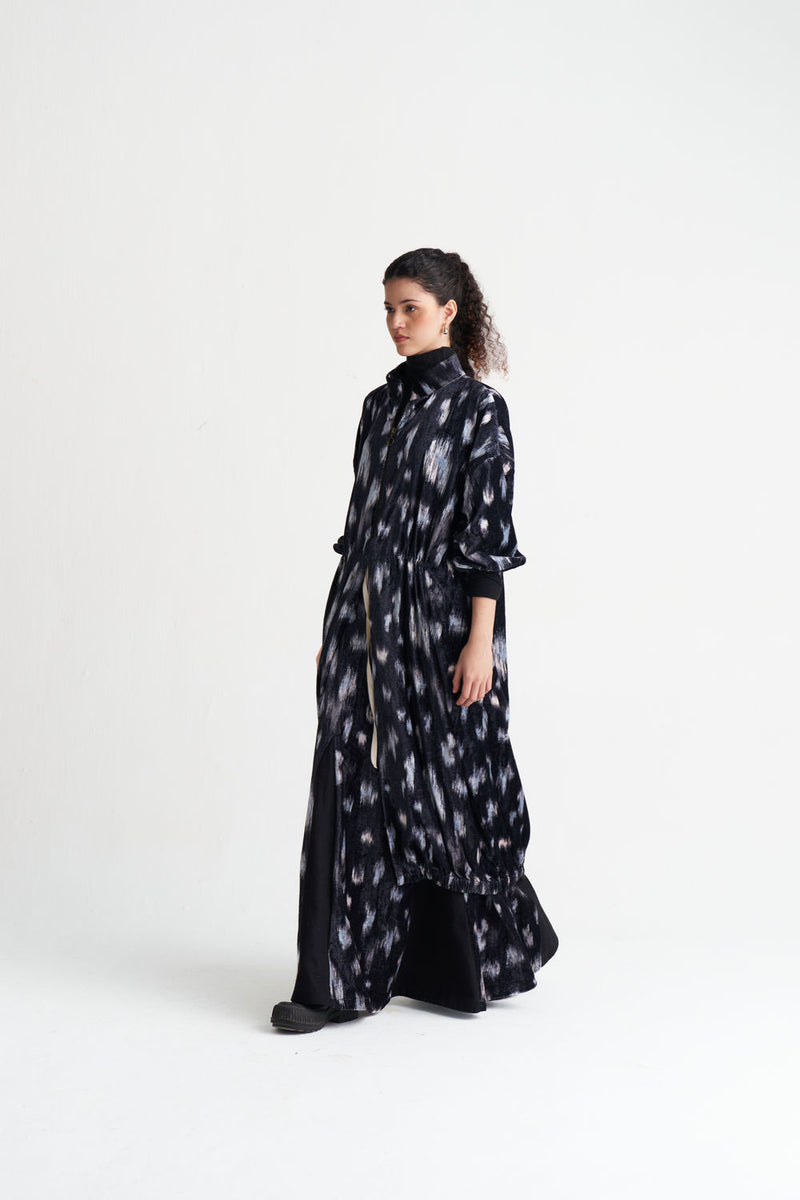 Ikat Print Velvet Circular Skirt Co-Ord (Set Of 2)-Black Ikat Print velvet co-ord set by THREE in black for women Worldwide