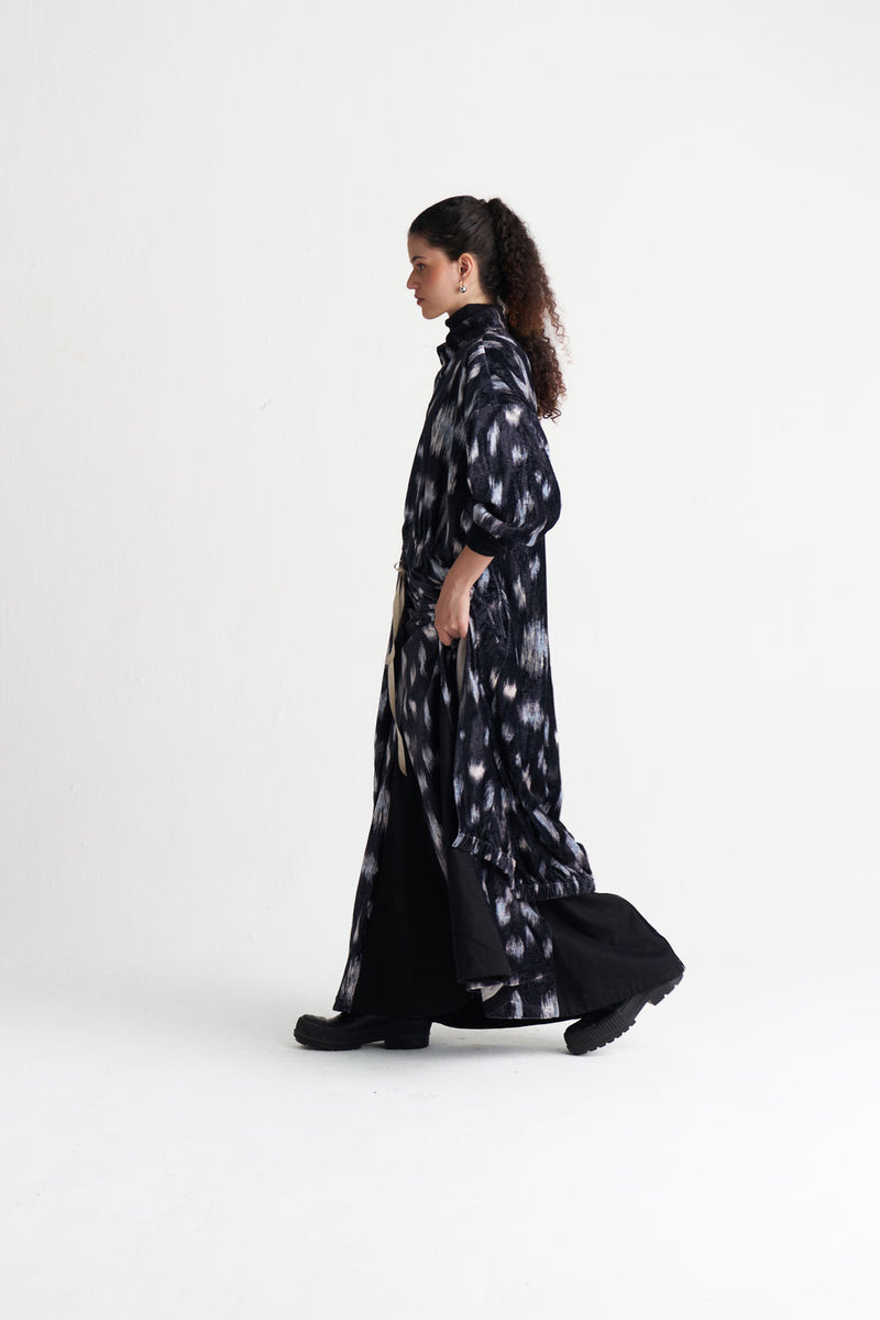 Ikat Print Velvet Drawstring Tunic-Black Ikat Print velvet tunics and kaftans by THREE in black for women Worldwide