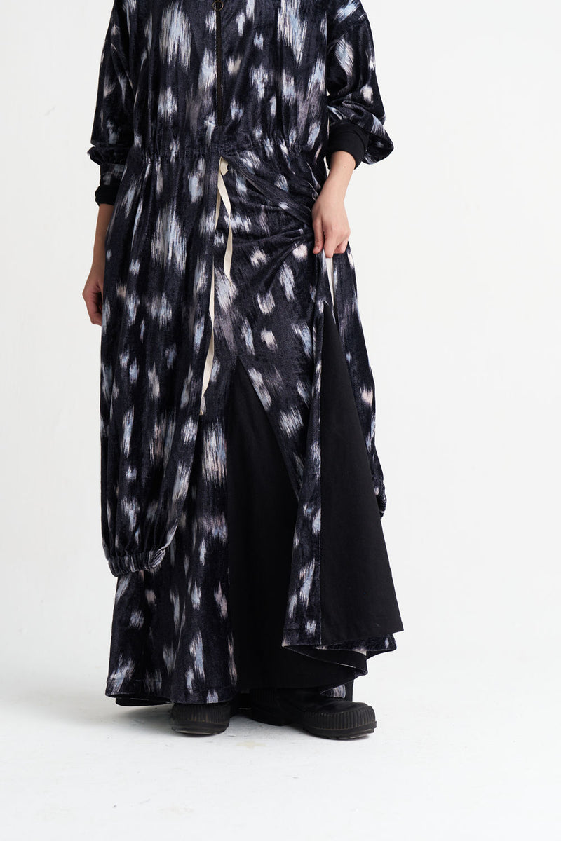 Ikat Print Velvet Circular Skirt Co-Ord (Set Of 2)-Black Ikat Print velvet co-ord set by THREE in black for women Worldwide