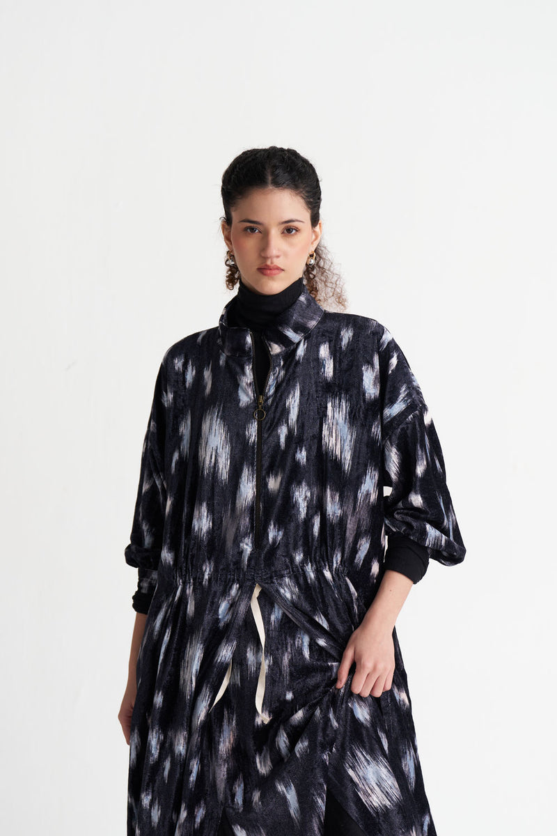 Ikat Print Velvet Drawstring Tunic-Black Ikat Print velvet tunics and kaftans by THREE in black for women Worldwide
