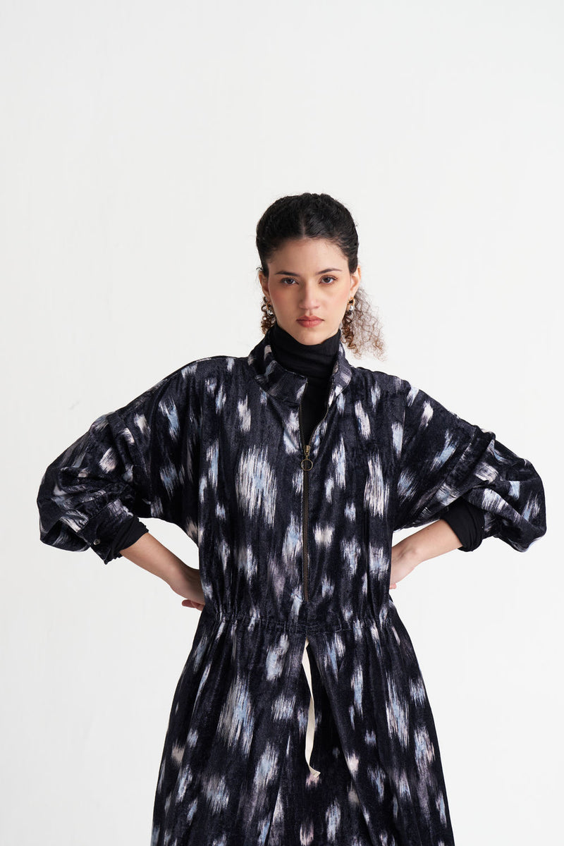 Ikat Print Velvet Circular Skirt Co-Ord (Set Of 2)-Black Ikat Print velvet co-ord set by THREE in black for women Worldwide