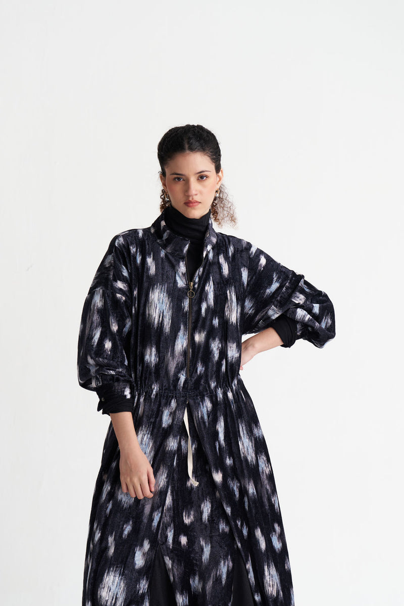 Ikat Print Velvet Drawstring Tunic-Black Ikat Print velvet tunics and kaftans by THREE in black for women Worldwide