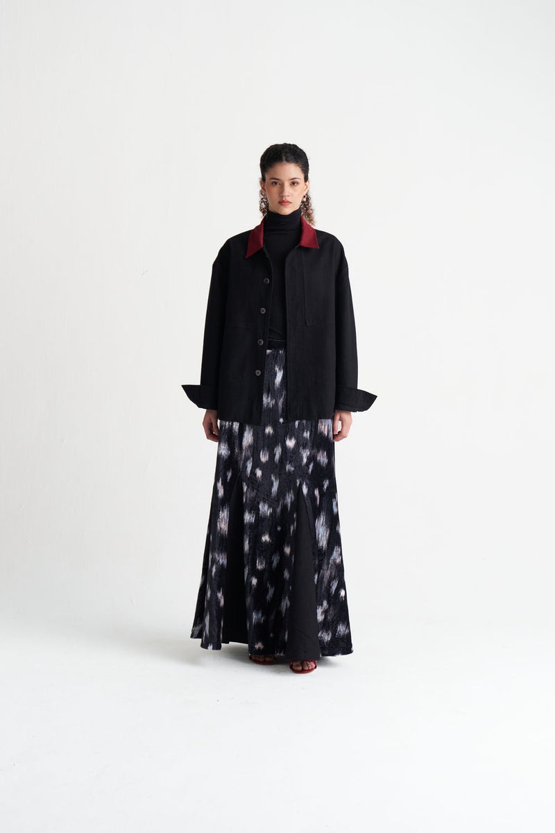 Ikat Print Velvet Circular Skirt-Black Ikat Print velvet skirt by THREE in black for women Worldwide