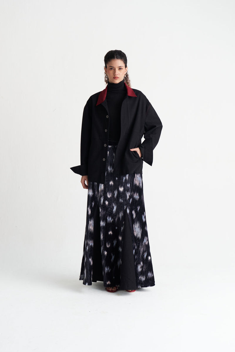 Ikat Print Velvet Circular Skirt-Black Ikat Print velvet skirt by THREE in black for women Worldwide