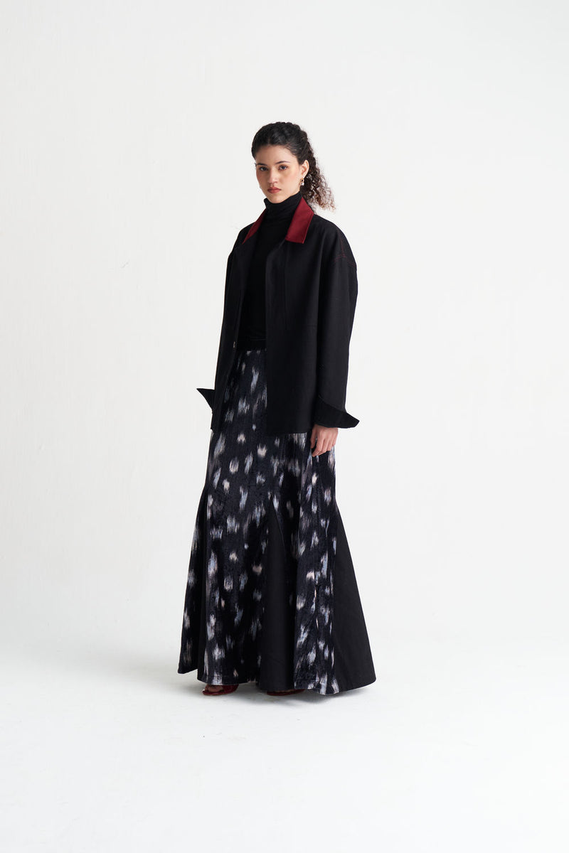 Ikat Print Velvet Circular Skirt-Black Ikat Print velvet skirt by THREE in black for women Worldwide
