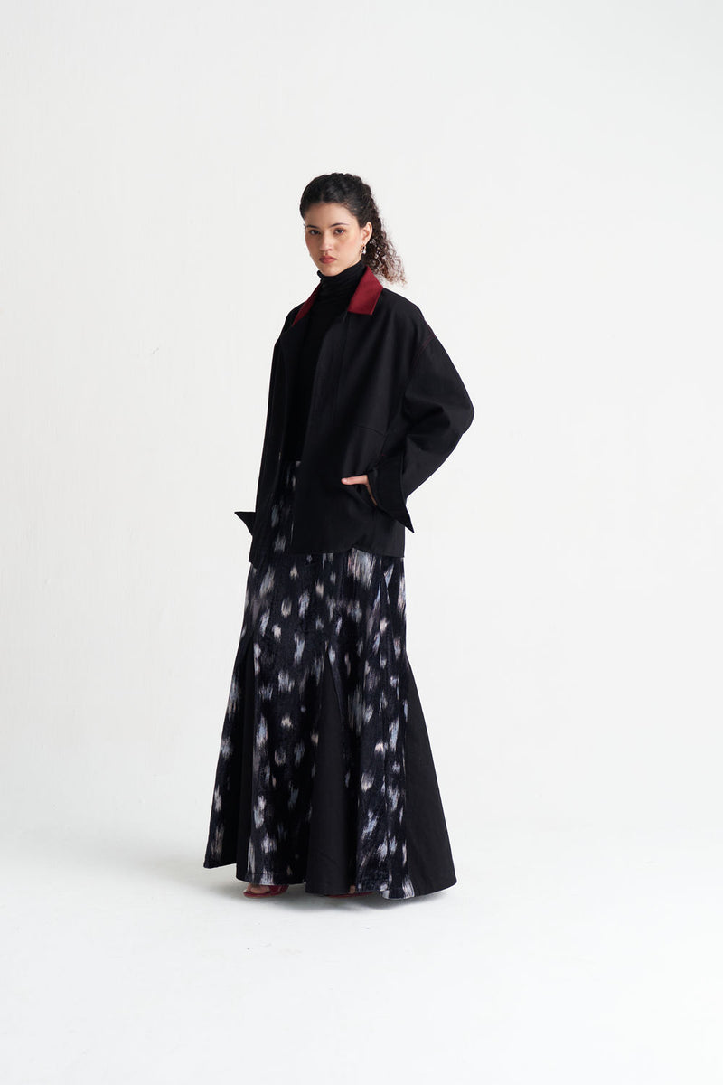 Ikat Print Velvet Circular Skirt-Black Ikat Print velvet skirt by THREE in black for women Worldwide