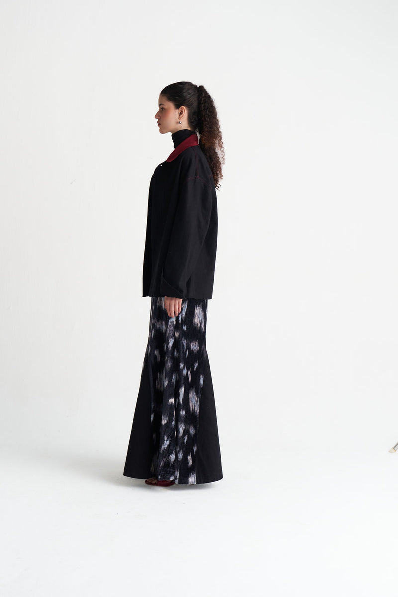 Ikat Print Velvet Circular Skirt-Black Ikat Print velvet skirt by THREE in black for women Worldwide