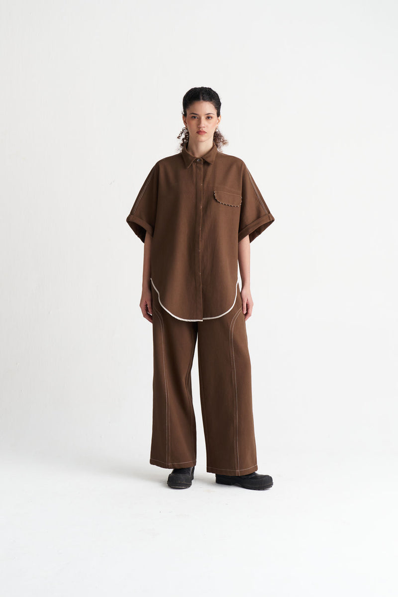 Denim U-Hem Shirt Co-Ord (Set Of 2)-Umber denim co-ord set by THREE in brown for women Worldwide
