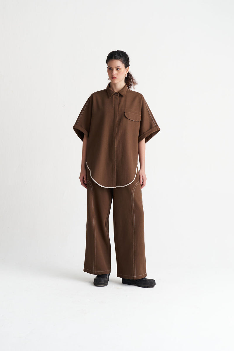 Side-U Panel Denim Bottom-Umber denim pant/trouser by THREE in brown for women Worldwide