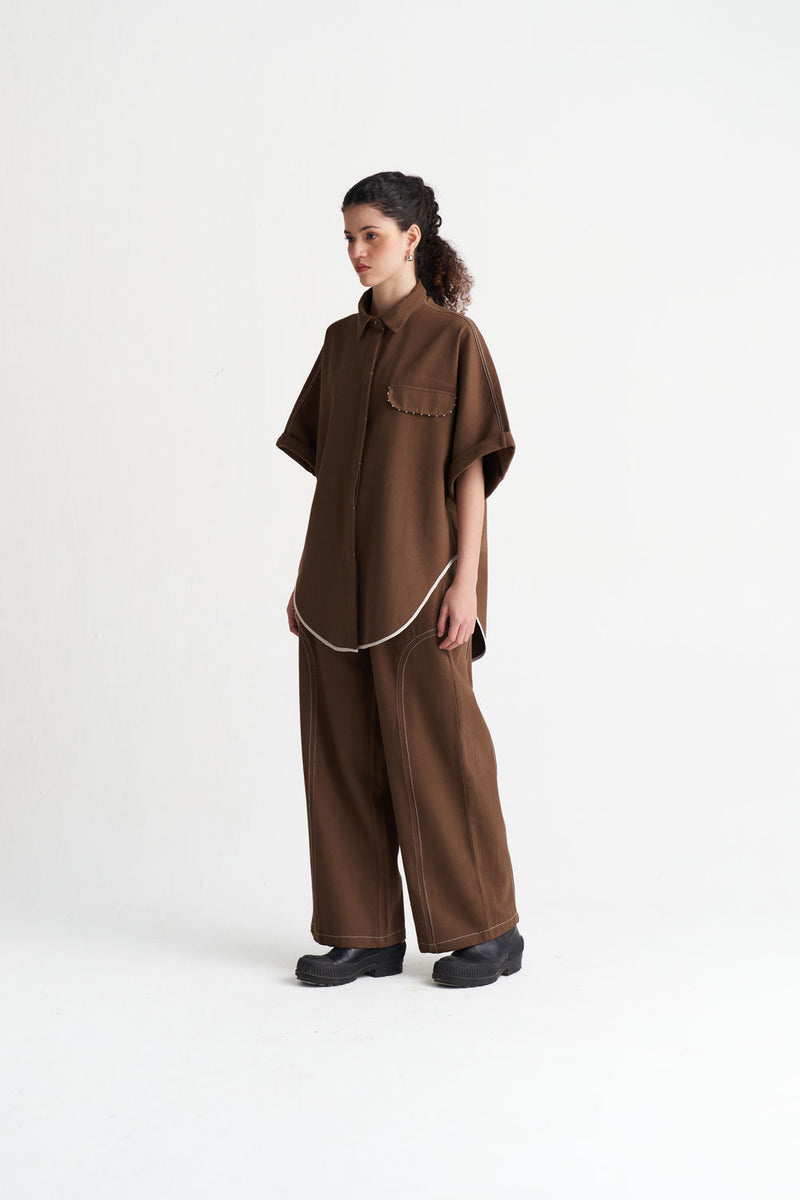 Side-U Panel Denim Bottom-Umber denim pant/trouser by THREE in brown for women Worldwide