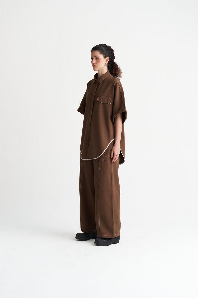Side-U Panel Denim Bottom-Umber denim pant/trouser by THREE in brown for women Worldwide