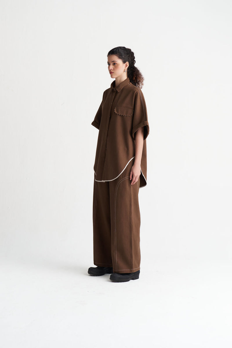 Denim U-Hem Shirt Co-Ord (Set Of 2)-Umber denim co-ord set by THREE in brown for women Worldwide