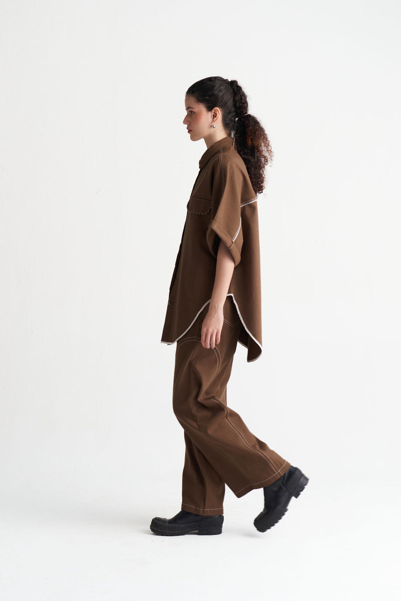 Side-U Panel Denim Bottom-Umber denim pant/trouser by THREE in brown for women Worldwide