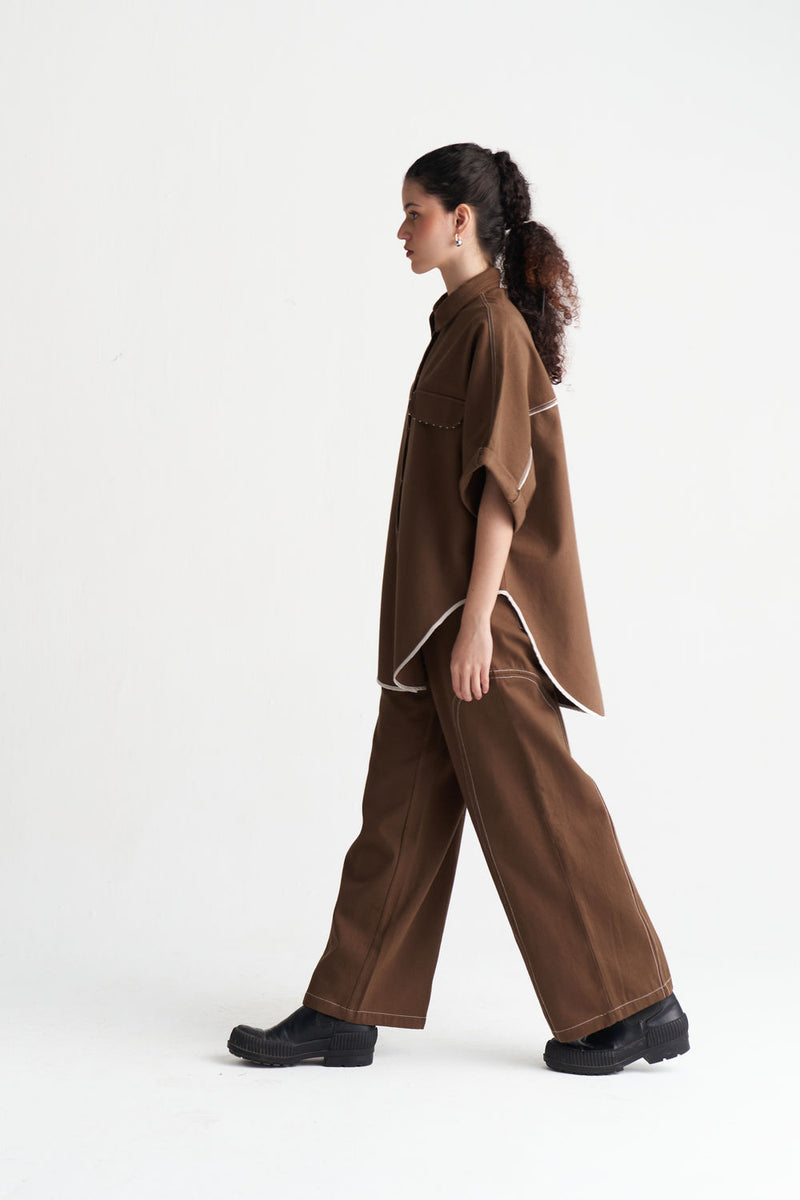 Denim U-Hem Shirt Co-Ord (Set Of 2)-Umber denim co-ord set by THREE in brown for women Worldwide