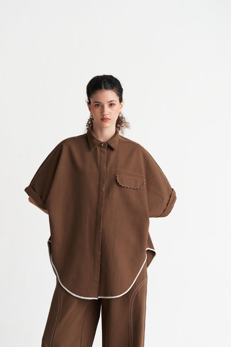Denim U-Hem Shirt-Umber denim tunics and kaftans by THREE in brown for women Worldwide