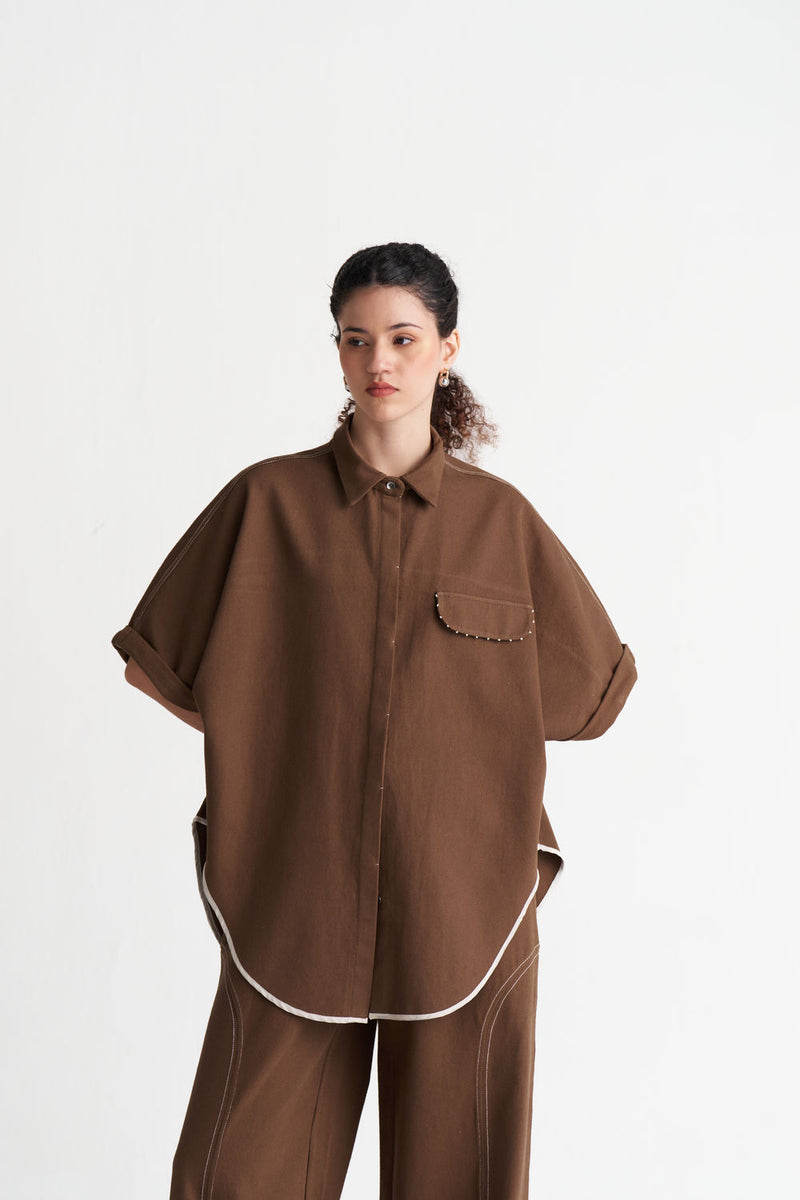 Denim U-Hem Shirt-Umber denim tunics and kaftans by THREE in brown for women Worldwide