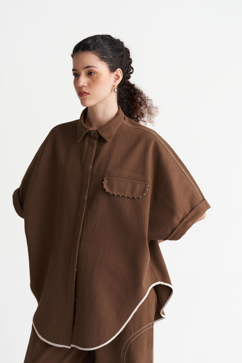 Denim U-Hem Shirt-Umber denim tunics and kaftans by THREE in brown for women Worldwide
