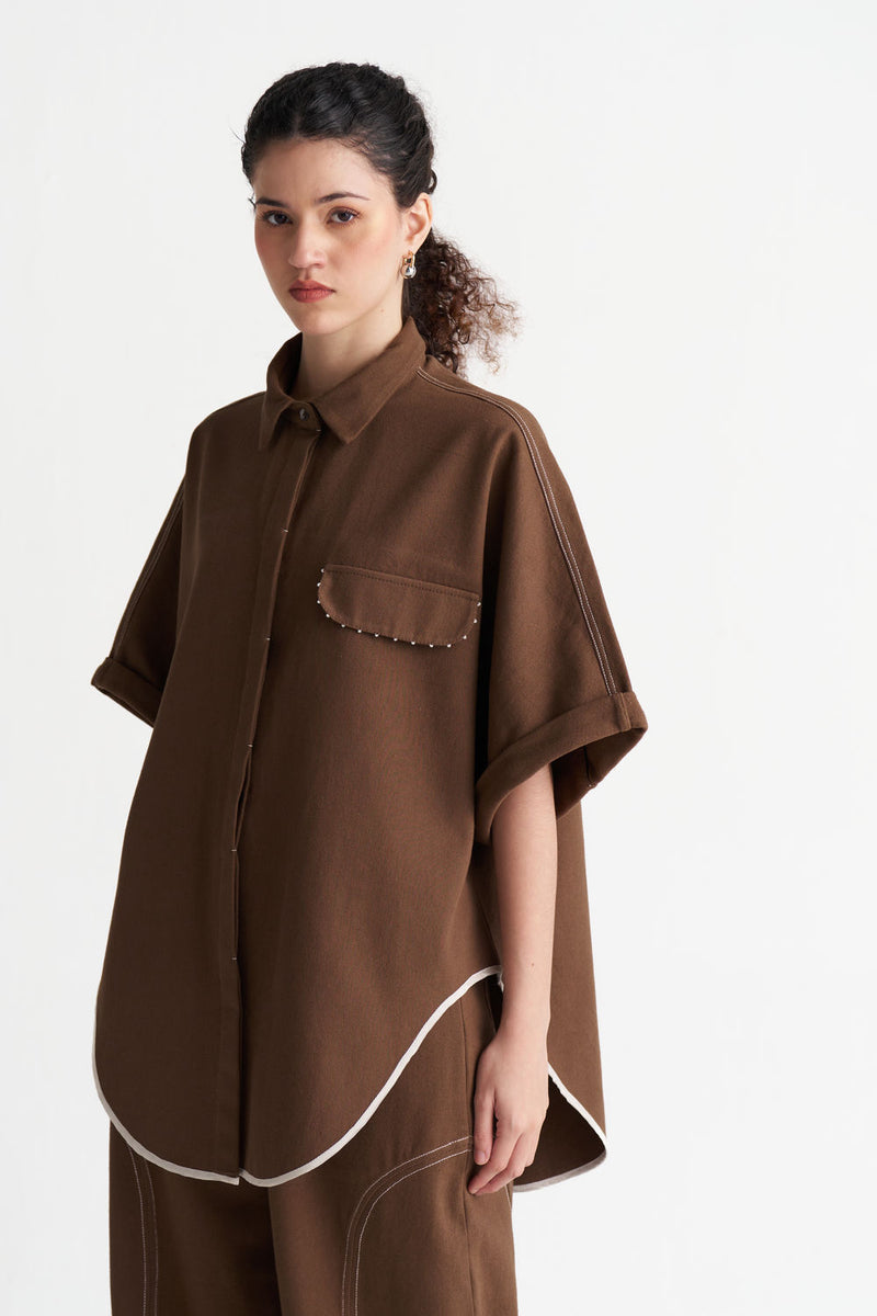 Denim U-Hem Shirt-Umber denim tunics and kaftans by THREE in brown for women Worldwide