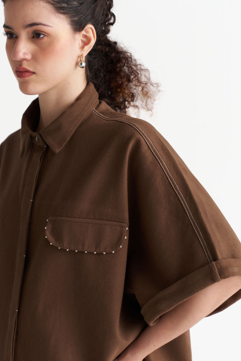 Denim U-Hem Shirt Co-Ord (Set Of 2)-Umber denim co-ord set by THREE in brown for women Worldwide