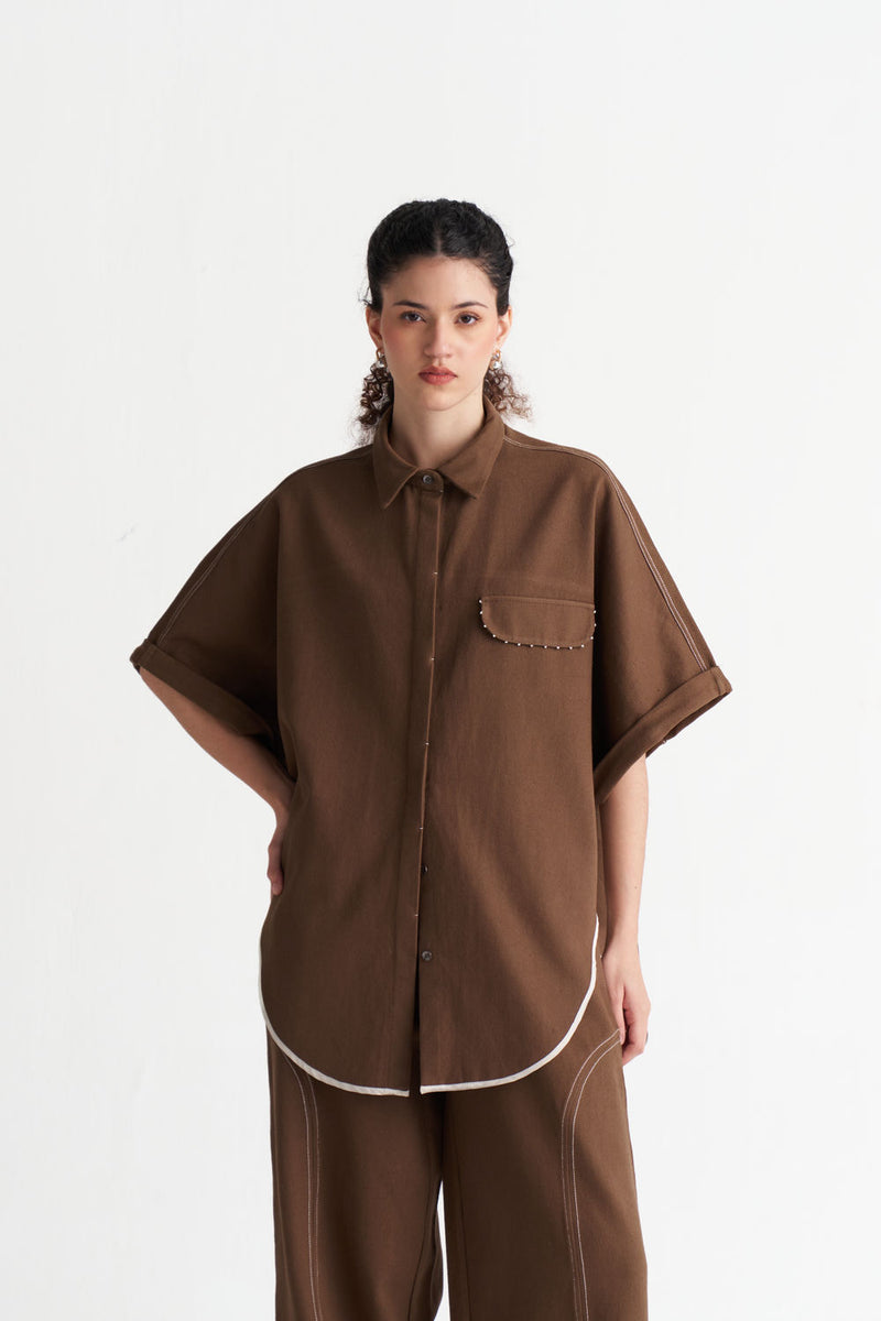 Denim U-Hem Shirt-Umber denim tunics and kaftans by THREE in brown for women Worldwide