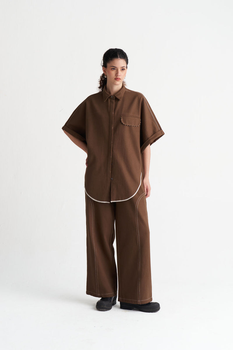 Denim U-Hem Shirt Co-Ord (Set Of 2)-Umber denim co-ord set by THREE in brown for women Worldwide