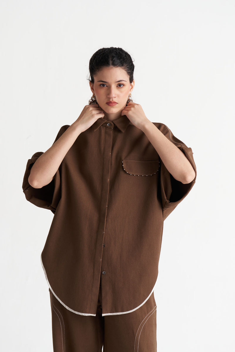 Denim U-Hem Shirt Co-Ord (Set Of 2)-Umber denim co-ord set by THREE in brown for women Worldwide