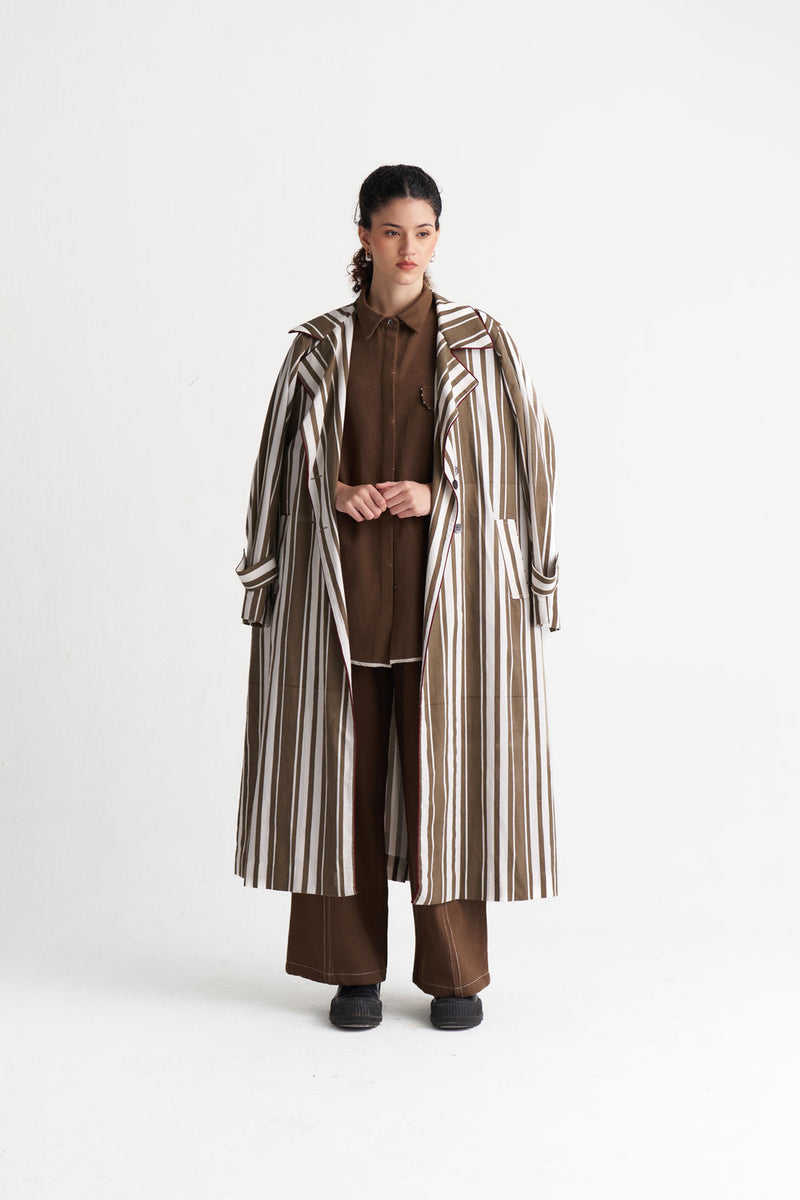 Striped Trench Co-Ord (Set Of 3)-Umber Stripe textured cotton co-ord set by THREE in brown for women Worldwide
