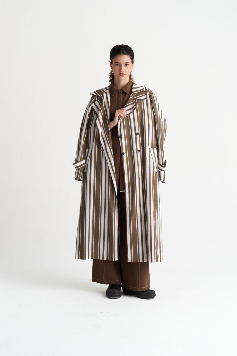 Striped Trench Co-Ord (Set Of 3)-Umber Stripe textured cotton co-ord set by THREE in brown for women Worldwide
