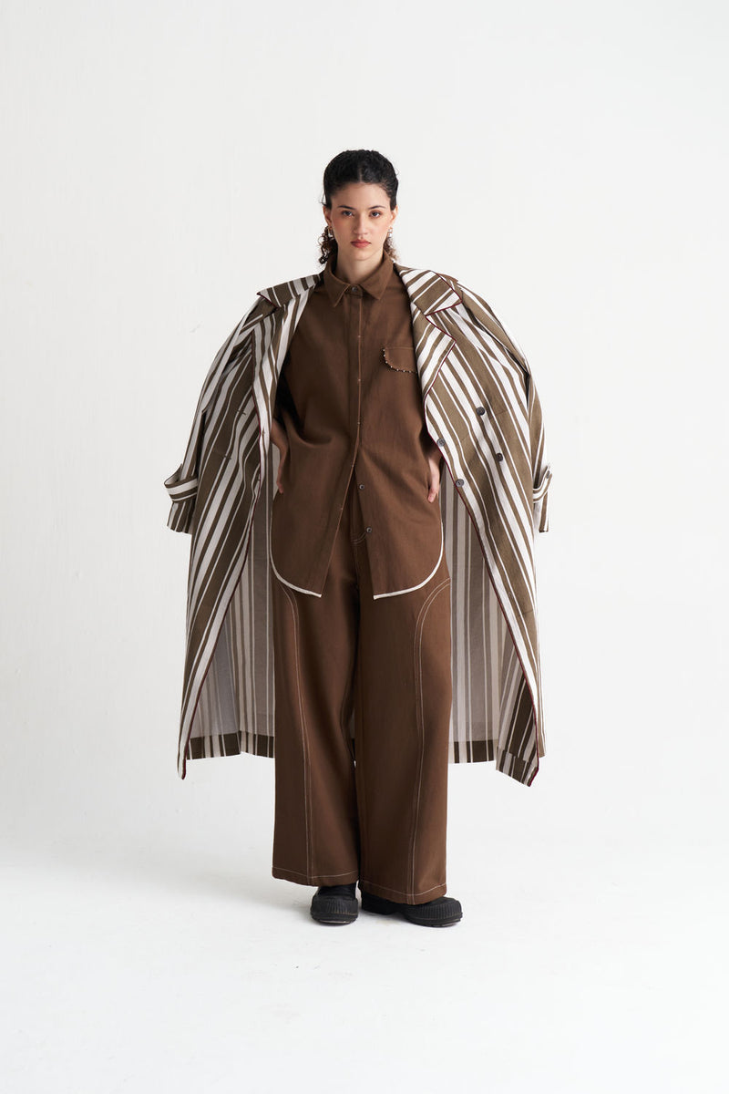 Striped Trench-Umber Stripe textured cotton jacket/overlay by THREE in brown for women Worldwide