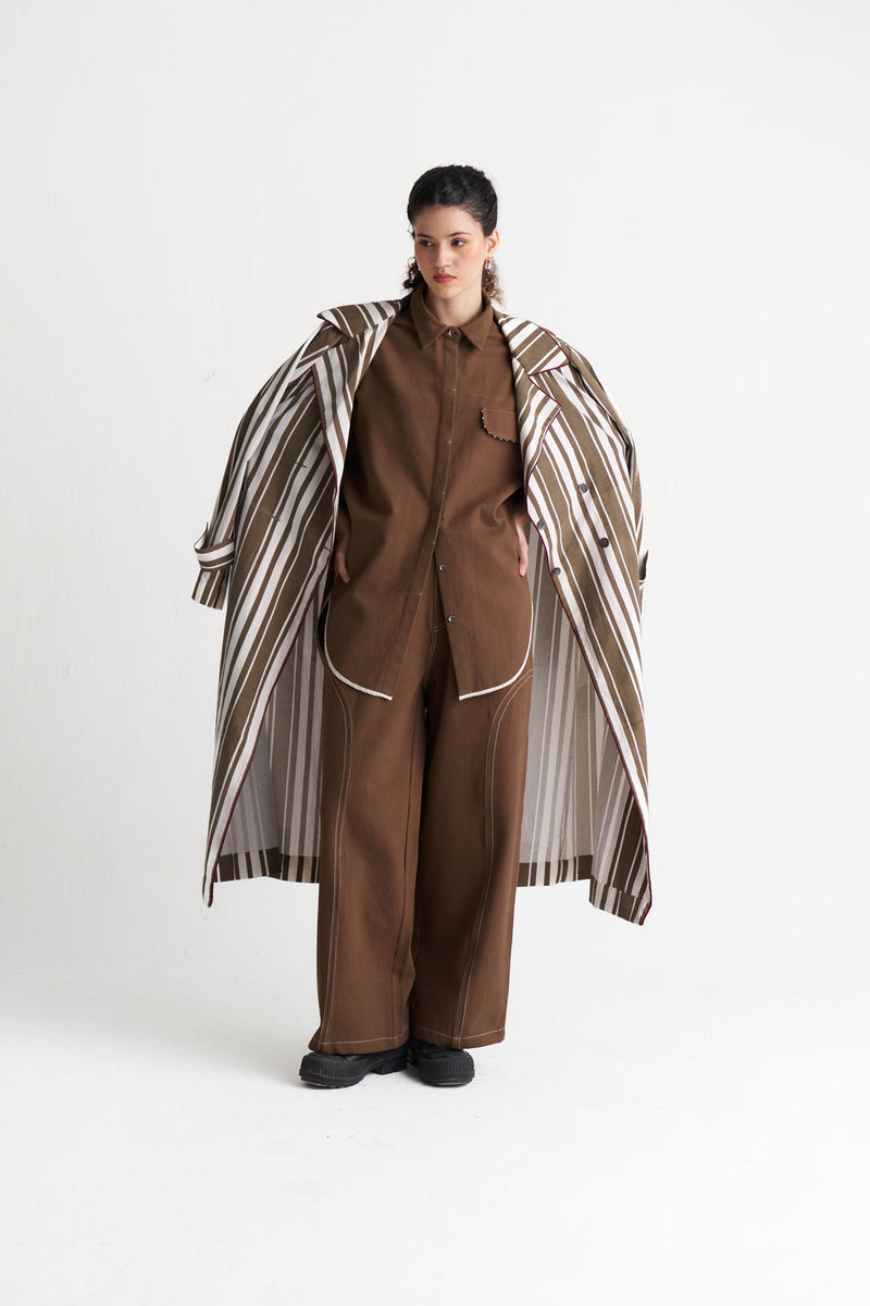 Striped Trench-Umber Stripe textured cotton jacket/overlay by THREE in brown for women Worldwide