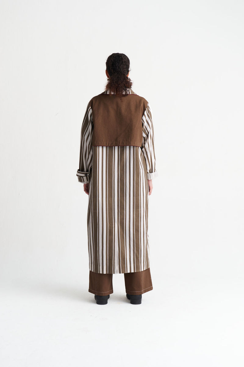 Striped Trench Co-Ord (Set Of 3)-Umber Stripe textured cotton co-ord set by THREE in brown for women Worldwide