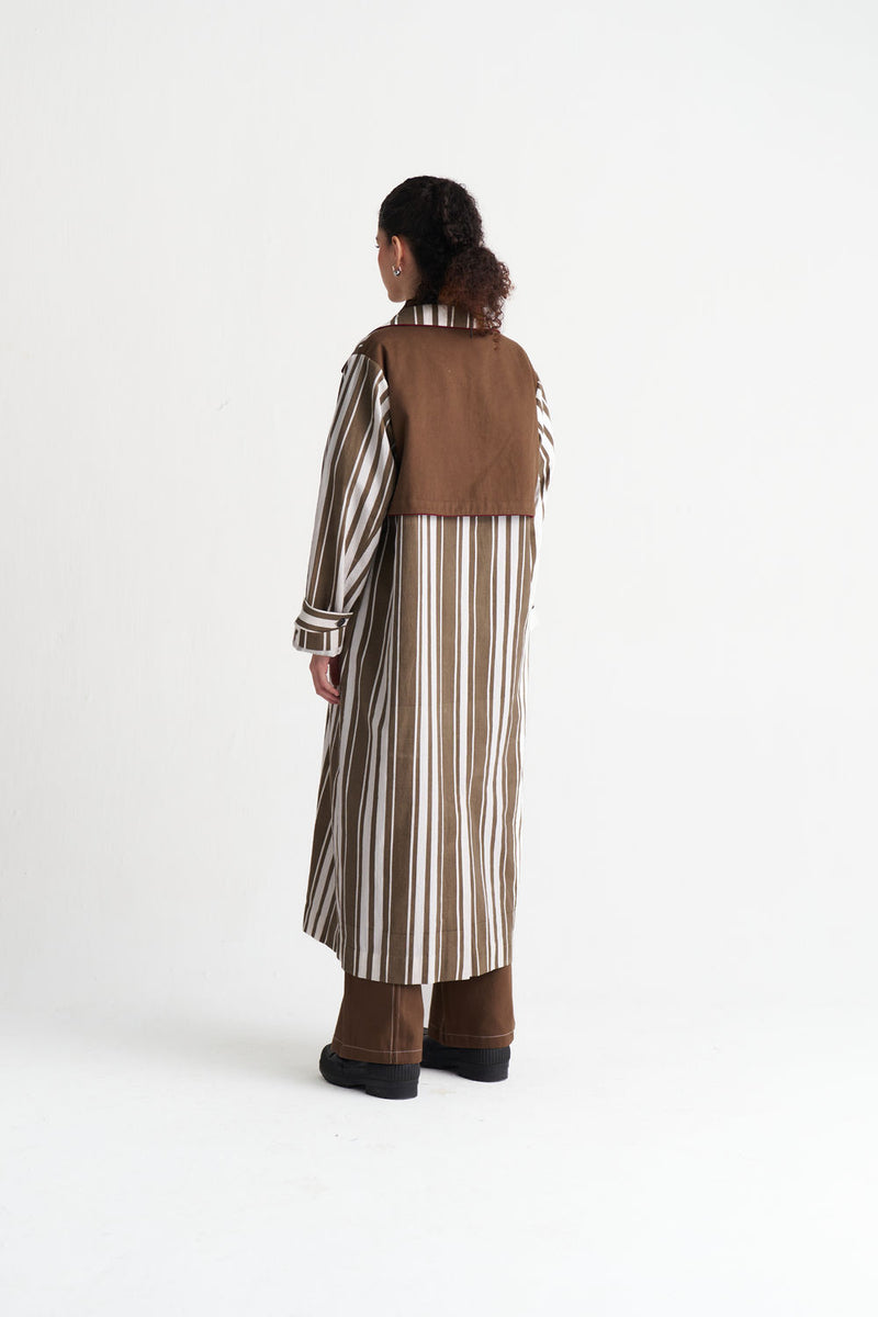 Striped Trench-Umber Stripe textured cotton jacket/overlay by THREE in brown for women Worldwide