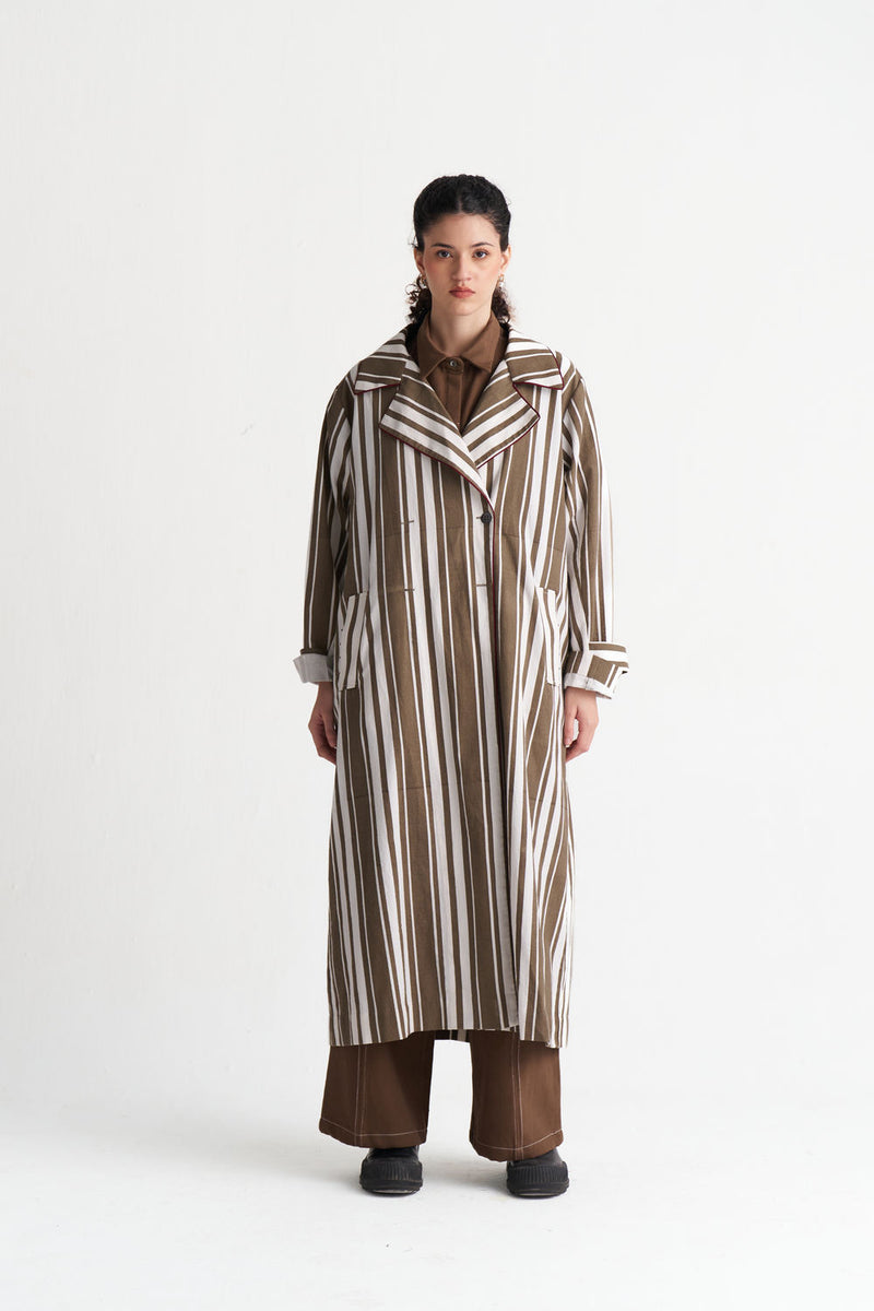 Striped Trench-Umber Stripe textured cotton jacket/overlay by THREE in brown for women Worldwide