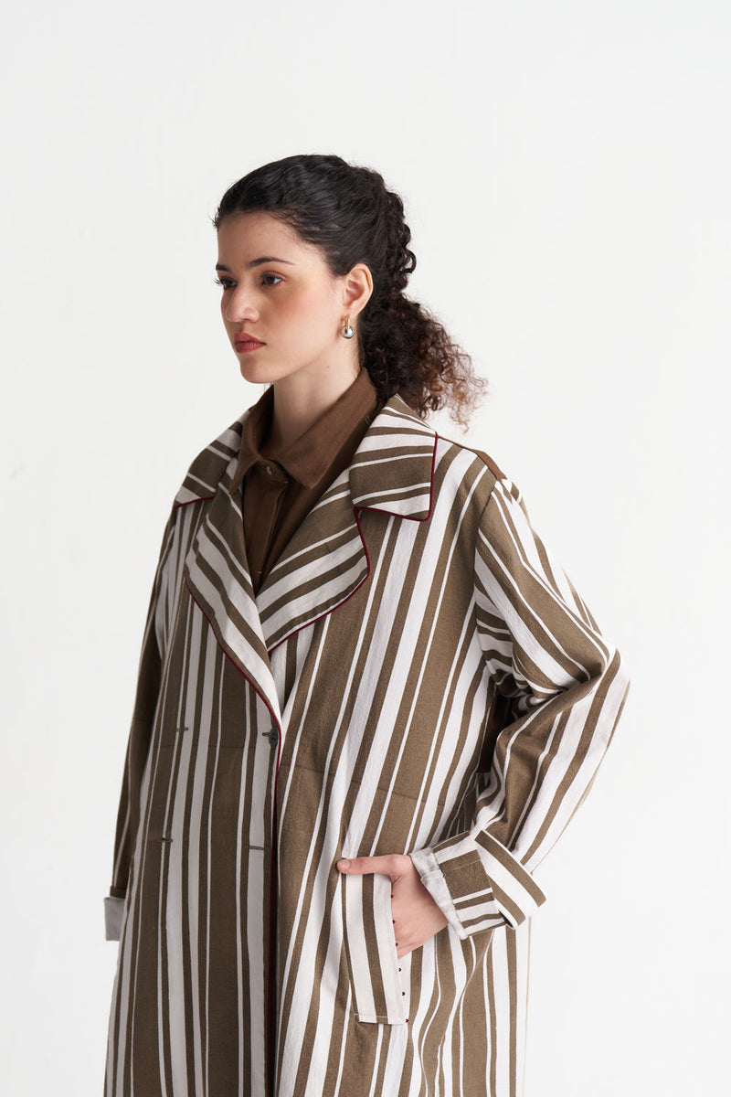 Striped Trench-Umber Stripe textured cotton jacket/overlay by THREE in brown for women Worldwide