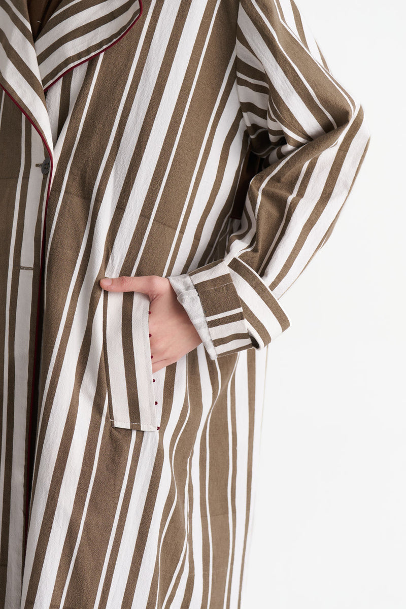 Striped Trench Co-Ord (Set Of 3)-Umber Stripe textured cotton co-ord set by THREE in brown for women Worldwide