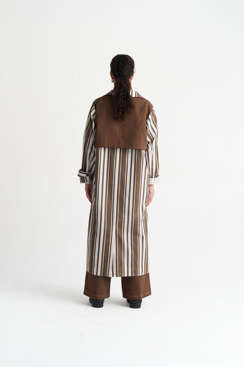 Striped Trench Co-Ord (Set Of 3)-Umber Stripe textured cotton co-ord set by THREE in brown for women Worldwide