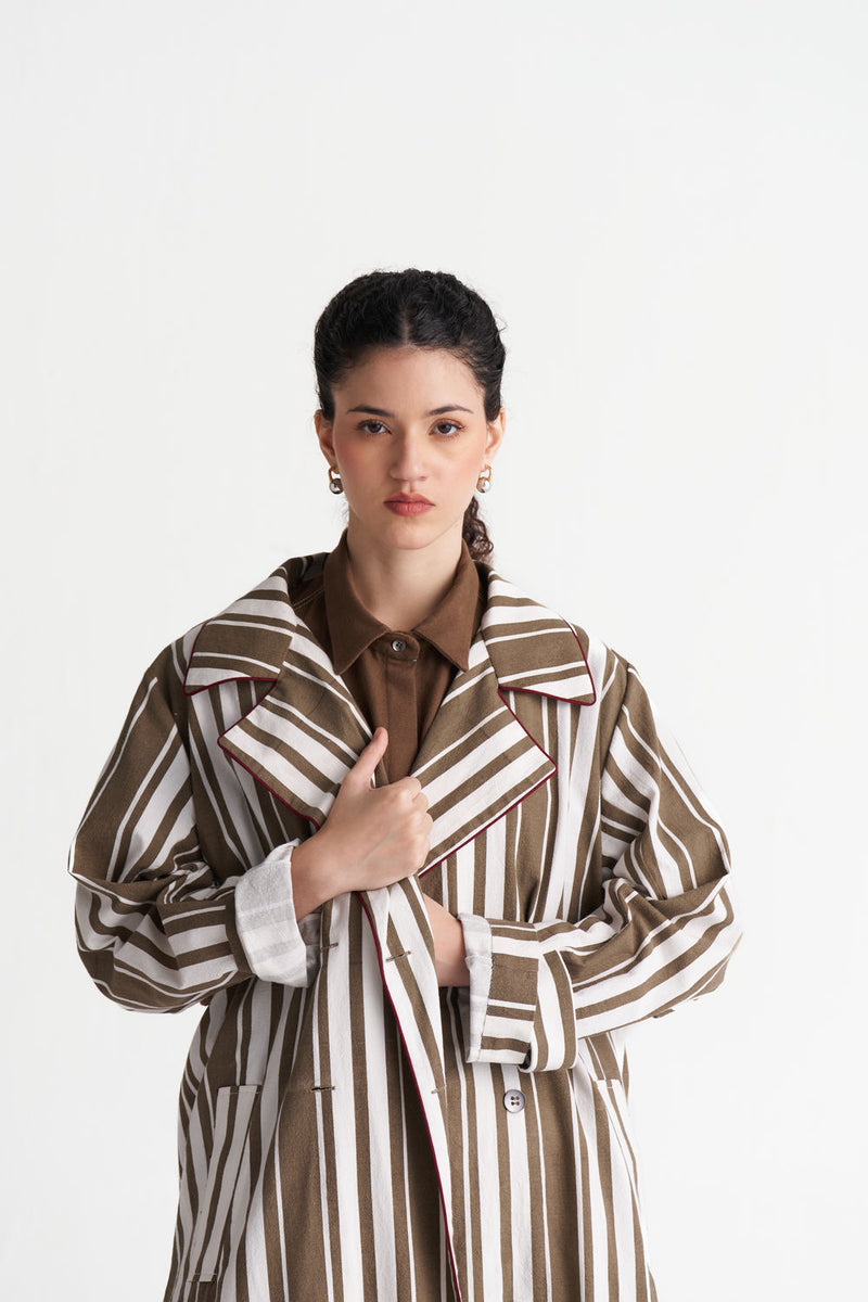 Striped Trench Co-Ord (Set Of 3)-Umber Stripe textured cotton co-ord set by THREE in brown for women Worldwide