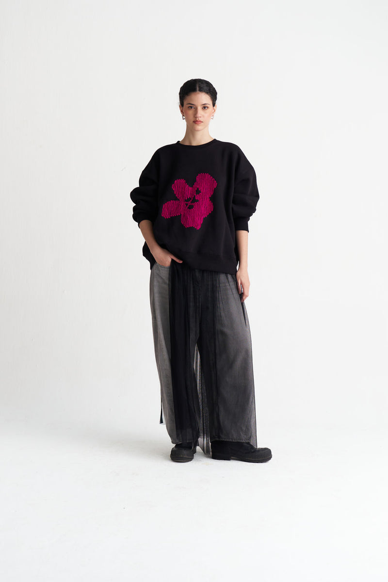 Floral Emb. Jumper-Black cotton fleece top/shirt by THREE in black for women Worldwide
