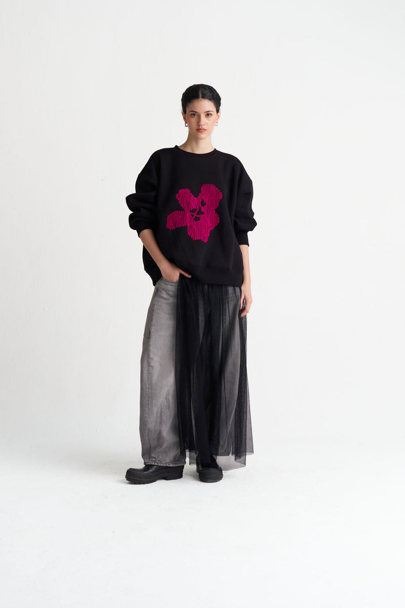 Floral Emb. Jumper-Black cotton fleece top/shirt by THREE in black for women Worldwide