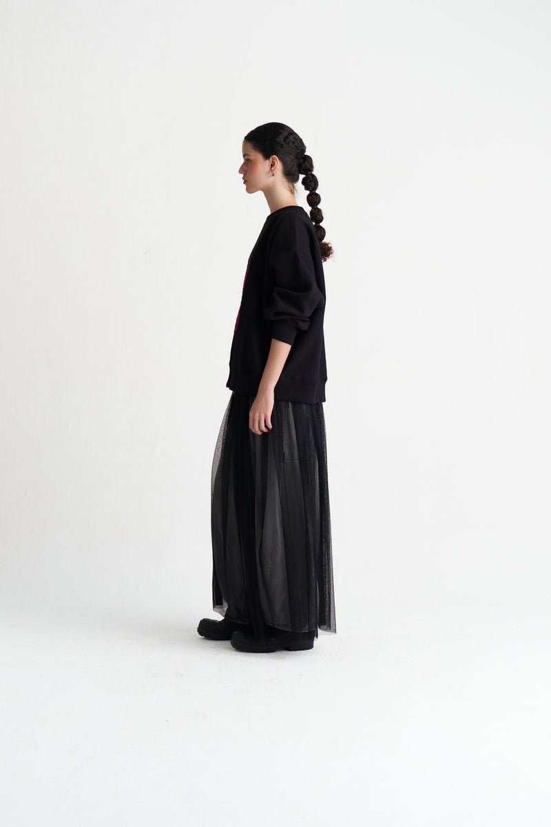 Floral Emb. Jumper-Black cotton fleece top/shirt by THREE in black for women Worldwide