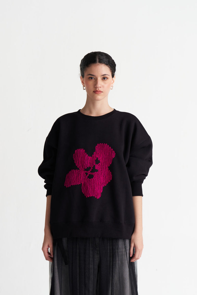 Floral Emb. Jumper-Black cotton fleece top/shirt by THREE in black for women Worldwide