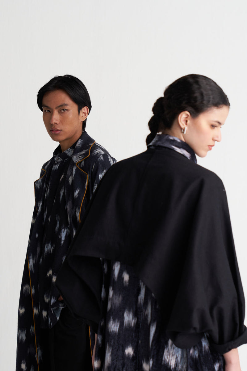 Ikat Print Bat Sleeve Jacket Co-Ord (Set Of 2)-Black Ikat Print velvet co-ord set by THREE in black for women Worldwide