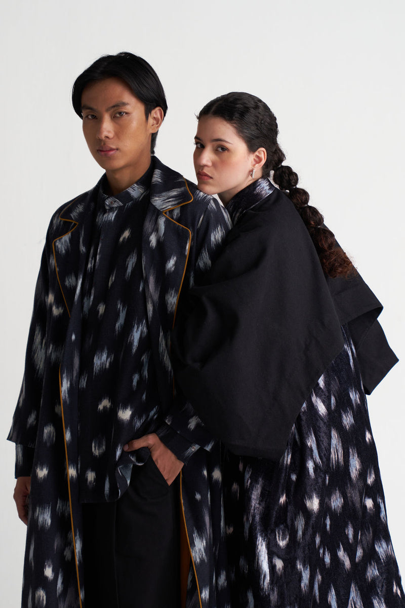 Ikat Print Bat Sleeve Jacket-Black Ikat Print velvet jacket/overlay by THREE in black for women Worldwide