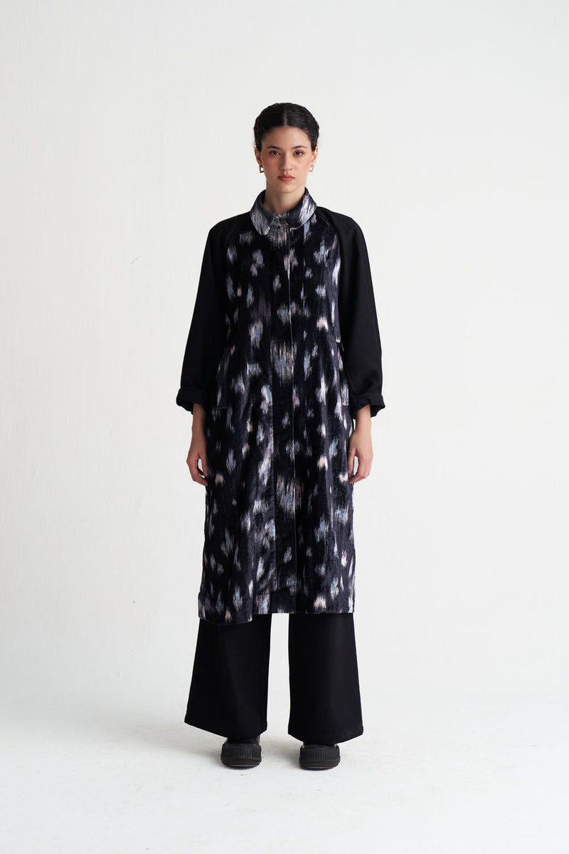 Ikat Print Bat Sleeve Jacket-Black Ikat Print velvet jacket/overlay by THREE in black for women Worldwide